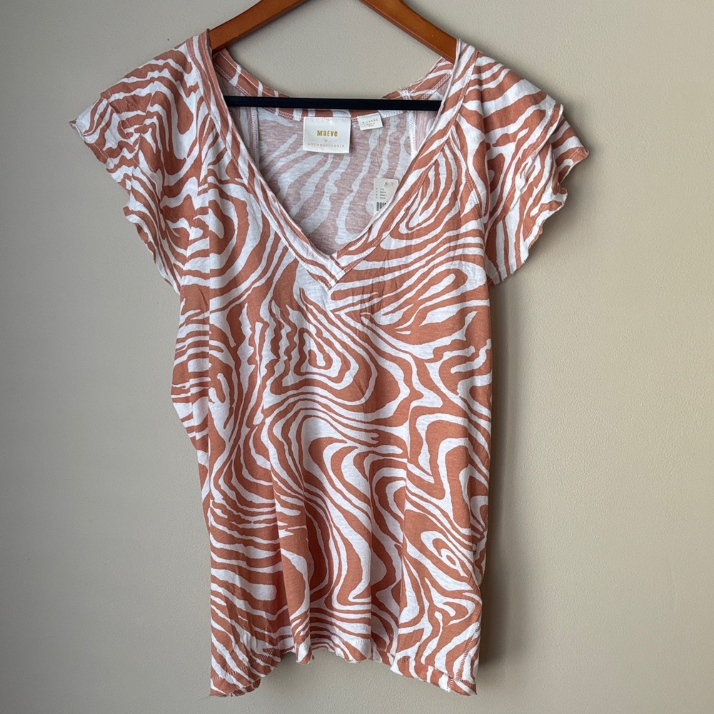 Anthropology Printed V-Neck Short Sleeve Top - Rust White Zebra